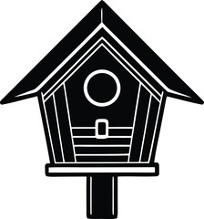  Monochrome illustration of a classic wooden birdhouse with a distinctive roof design