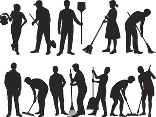 Obraz premium Silhouettes of people gardening, watering, digging, sweeping, raking, teamwork in garden, outdoor cleaning, community work, nature care, gardening tools, soil preparation, environmental activity