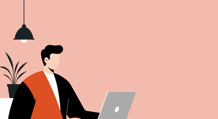 Focused man working remotely on a laptop in a modern, minimalist home office. Ideal for concepts of digital productivity, flexible work, and contemporary business.