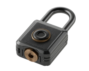 Dark, metallic padlock with a recessed keyhole and a sensor