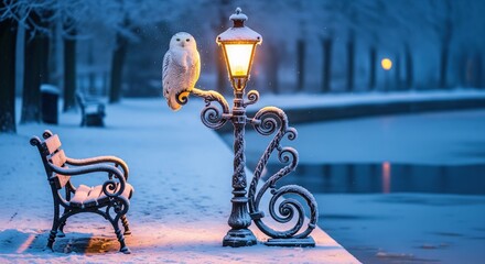 Snowy owl resting on a twisted iron lamppost beside a frozen canal with snow-covered benches and cobblestones