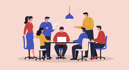 Diverse business team collaborating in a modern office meeting. Ideal for concepts of teamwork, strategy, communication, and corporate development.