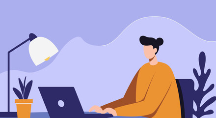 Professional working remotely at a desk with a laptop, lamp, and plant. Ideal for business, productivity, or freelance concepts.