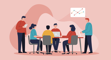 Diverse business team collaborating in a modern office meeting, analyzing data and discussing strategy for growth and success.