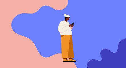 Contemporary flat illustration of a person using a smartphone, depicting digital communication, social media, and a connected lifestyle.