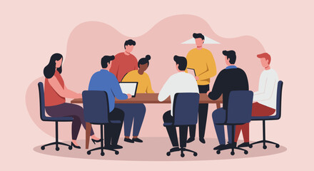 A diverse group of colleagues actively collaborates around a conference table in a modern office setting. Represents teamwork, innovation, and strategic business discussion.