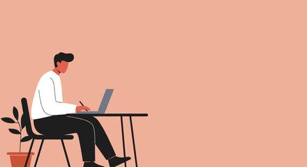 Focused man works remotely on his laptop at a minimalist desk with a plant, representing productivity, freelancing, and modern work. Ideal for business or online education.