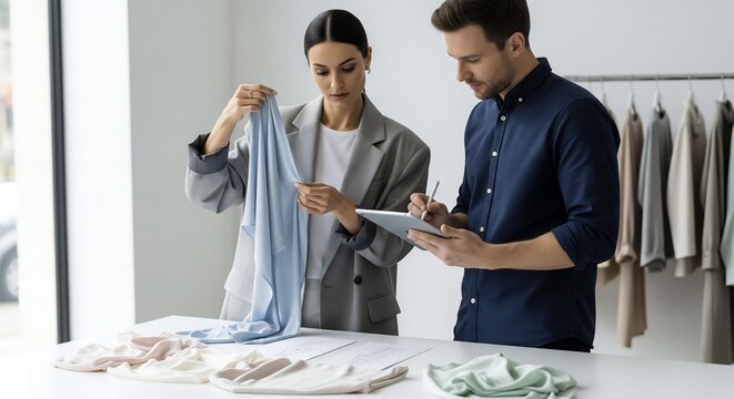 The Texture of Style: Fashion Merchandisers Meticulously Reviewing a New Collection.