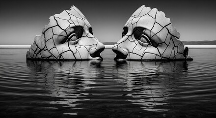 Minimalist monochrome art of two cracked stone heads in water with distorted reflections