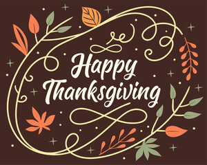 Naklejka premium Vector art of happy thanksgiving decorative frame with autumn leaves and swirls