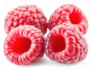 Fresh raspberries closeup macro shot with vibrant red color isolated on white 