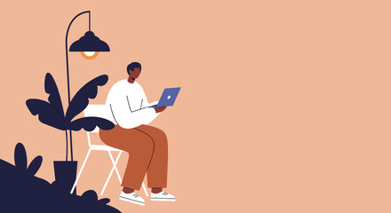 Focused individual using a laptop in a minimalist home setting, featuring a plant and a floor lamp. Perfect for themes of remote work, online education, or productivity.