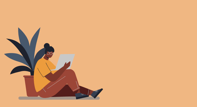 Young woman working or studying remotely on laptop at home, sitting comfortably by a plant. Ideal for business, education, and lifestyle content.