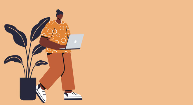 Modern person walking and working on a laptop, symbolizing remote work, digital communication, and adaptable business lifestyle. Ideal for technology, freelance, and online learning concepts.