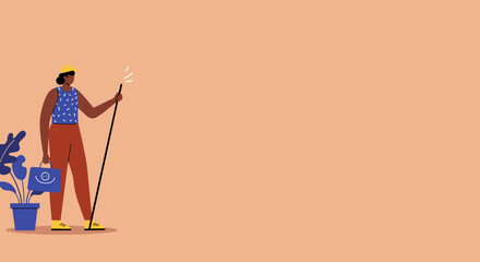 Optimistic professional ready for a journey, holding a smiling briefcase and a staff. Represents ambition, business travel, new beginnings, and positive progress.