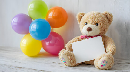 A cheerful get well soon gift card surrounded by colrful balloons and a soft tddy bear