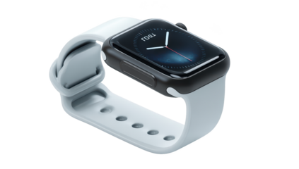 Modern smartwatch with sleek design, dark display, and light blue band