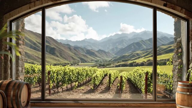 Panoramic view of vineyards through wine cellar window with mountains  