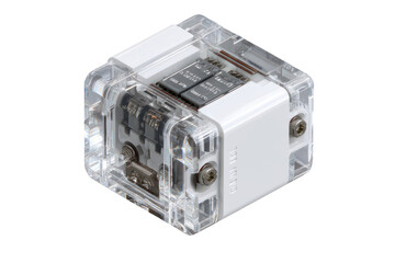 Obraz premium Clear acrylic cube, likely a microcomputer or electronic development board. Internal components visible, including chips and circuitry. White plastic accents and screws. Compact and modular design