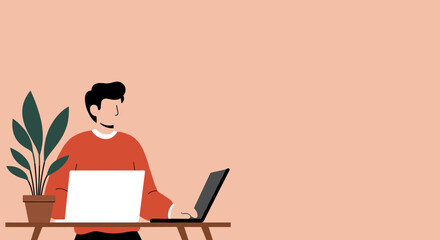 A minimalist illustration of a person working diligently on a laptop at a desk with a plant, perfect for showcasing remote work, online learning, or digital business concepts.