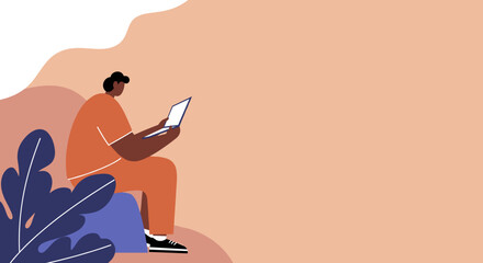 Illustration of an individual using a laptop in a modern, stylized environment. Ideal for themes of remote work, technology, education, and digital lifestyle.