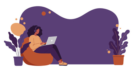 Woman with headphones working remotely on laptop from home, sitting comfortably on a bean bag. Ideal for modern lifestyle, online education, or flexible work concepts.