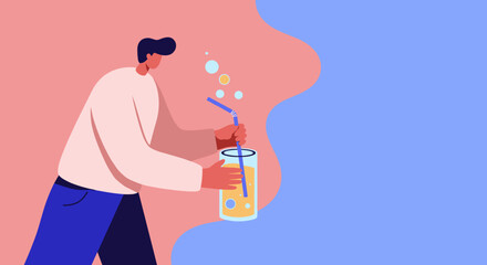 A person enjoys a refreshing beverage with a straw in a vibrant, minimalist setting. Ideal for promoting healthy lifestyle, summer drinks, or relaxation concepts.