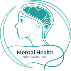 Vector art of mental health logo with a womans profile and heart symbol