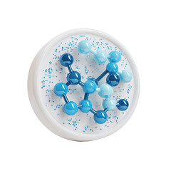 Molecular structure graphic blue interconnected spheres inside a white circular case