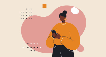 Modern illustration of a stylish Black woman engaging with her smartphone. Ideal for concepts of digital communication, social media, mobile apps, and online lifestyle.