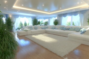 Bright, spacious living room with white sofas, light blue accents, and plants