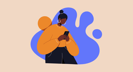 Modern Black woman focused on her smartphone, embodying digital communication, social media, and online lifestyle. Ideal for technology or business.