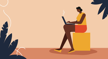 Woman working on laptop outdoors in a relaxed, tropical setting. Represents remote work, digital nomadism, and modern lifestyle concepts.