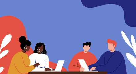 Diverse team of professionals collaborating in a modern, inclusive workspace. Perfect for illustrating business meetings, project discussions, or teamwork concepts.