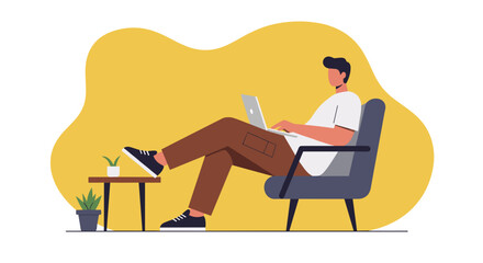 Relaxed man working on laptop in a comfortable chair, showcasing remote work, online learning, or digital lifestyle concepts.