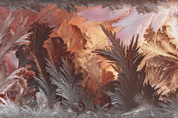Detailed frost patterns on a windowpane in warm tones