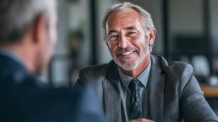 Naklejka premium Confident Caucasian senior male executive smiling during business meeting in modern office, wearing glasses and gray suit, professional corporate conversation with colleague in finance industry