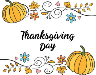 Vector art of thanksgiving day text with pumpkins and autumn leaves