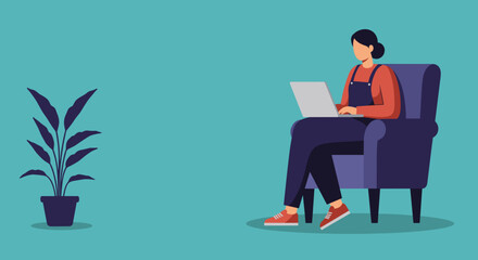 Woman working on laptop from a comfortable armchair at home. Ideal for remote work, online learning, or digital lifestyle concepts.