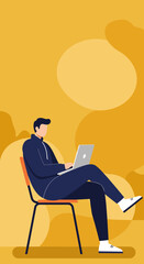Young man intently using a laptop, representing remote work, online education, or digital communication. Perfect for technology and modern lifestyle themes.