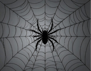 Obraz premium A black spider on a web against a dark background. A spooky and creepy symbol for Halloween and horror. An abstract pattern of an insect trap. Generative AI