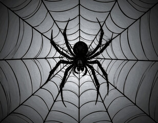 Obraz premium A black spider on a web against a dark background. A spooky and creepy symbol for Halloween and horror. An abstract pattern of an insect trap. Generative AI