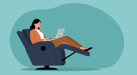 Woman relaxing comfortably in a recliner chair, working on a laptop. Depicts remote work, flexible lifestyle, and productivity.