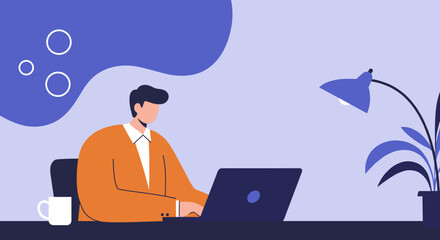 A focused man works on his laptop at a tidy desk with a lamp and plant, illustrating productivity, remote work, or business tasks in a modern, clean design.