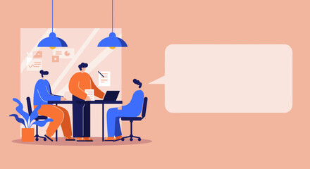 Team collaboration in a modern office meeting, with space for text in a speech bubble, ideal for business concepts or communication.