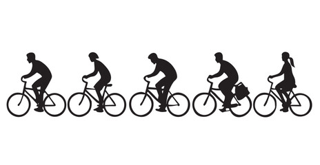 Obraz premium Collection of people riding bicycles silhouette set black vector icons of cyclists in different poses isolated on white background perfect for cycling sport fitness outdoor and lifestyle themes