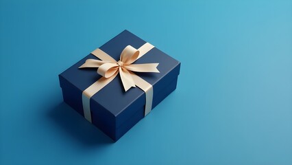 Obraz premium A neatly wrapped dark blue gift box tied with a cream-white ribbon bow, placed against a smooth, matching blue background. The box has clean, sharp edges and a matte finish.