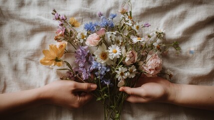 Charming floral bouquet display with hands on linen background