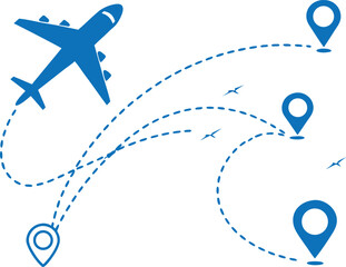 Vector art of blue airplane flying on a dotted line route with location pins