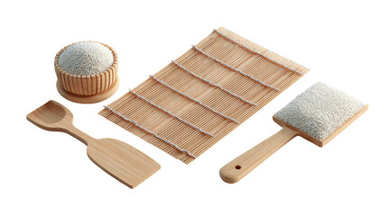 Wooden sushi tools and rice.  A collection of light-colored, wooden sushi tools, including a bowl of rice, a rice paddle, a bamboo mat, and a rice brush